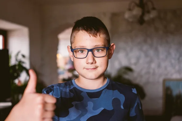 Portrait Caucasian Boy Wearing Eyeglasses Home — стоковое фото