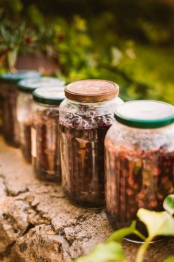 Glass jars with soaked sour cherries for making homemade liqueur