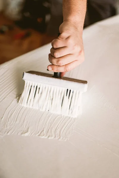 Hand Putting Glue Wallpeper — Stock Photo, Image