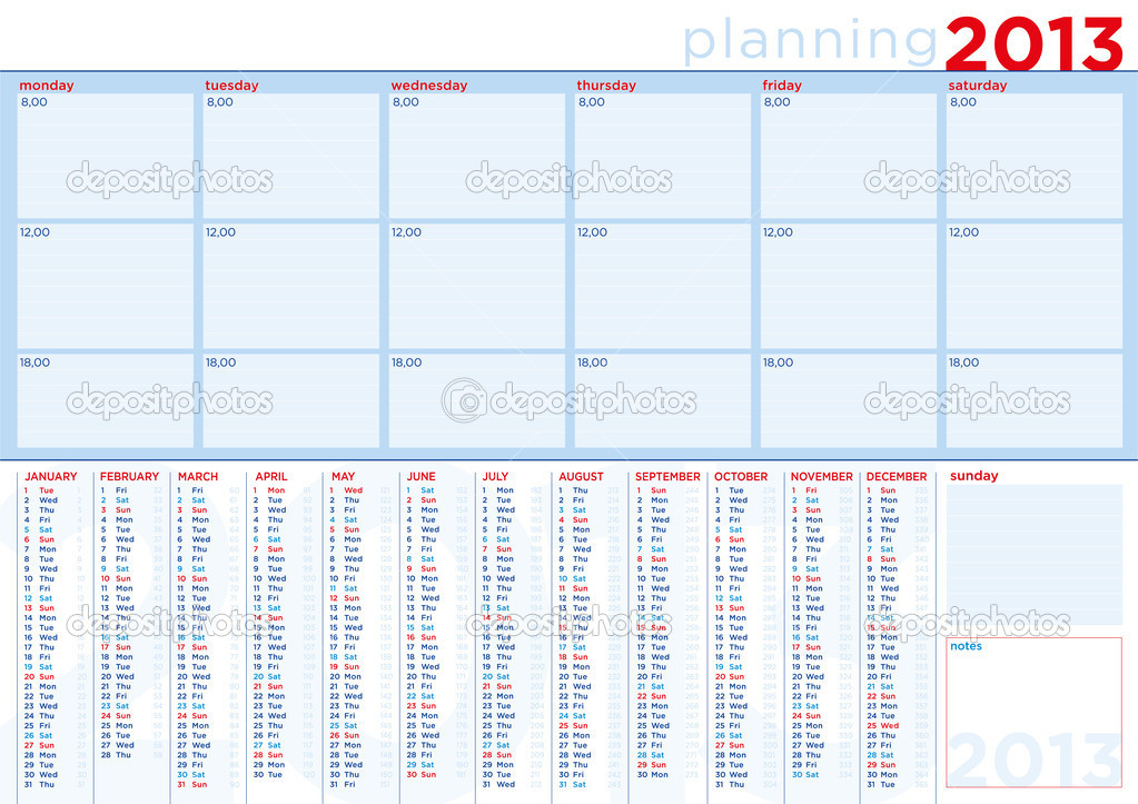 Planning calendar 2013 in english with copy-space