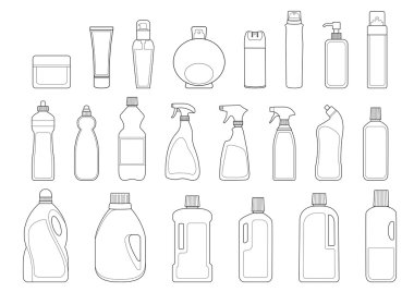 Deterjanlar ve banyo ürünleri şişeleri Icon set