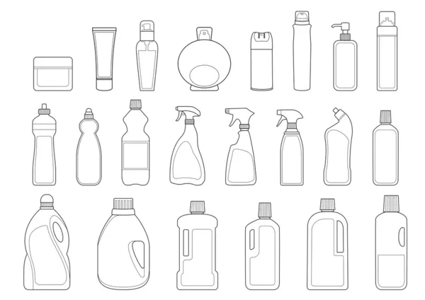 Set icône de bouteilles de détergents et articles de toilette — Image vectorielle