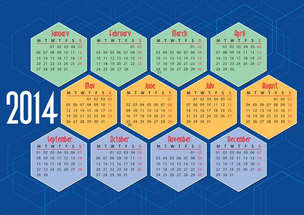 2014 англійський календар з гексагонами — стоковий вектор