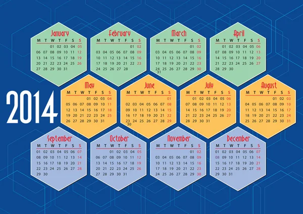 2014 calendario inglés con hexágonos — Archivo Imágenes Vectoriales