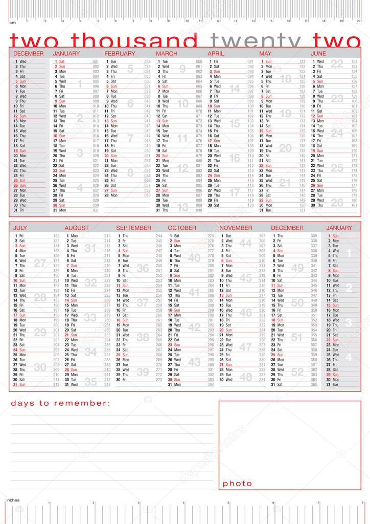 2022 calendar, english, with weeks and countdown days, decorated with rulers