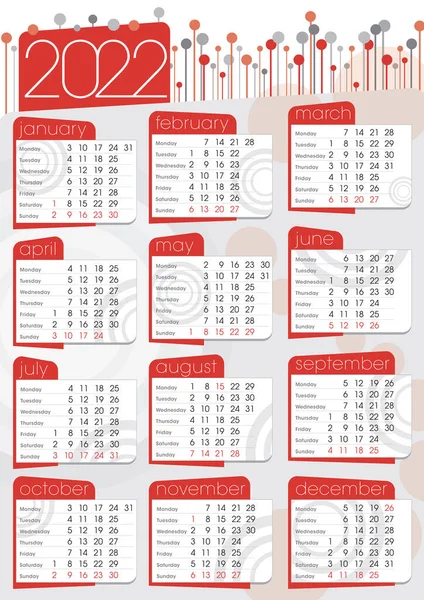 2022 Red Dots Circles Calendar English Language — Stock Vector