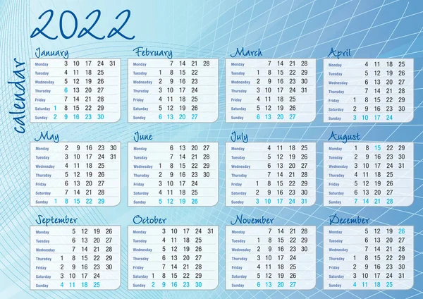 2022 Kalendarium Blå Linjer Och Lutning Kalender Engelsk Version — Stock vektor