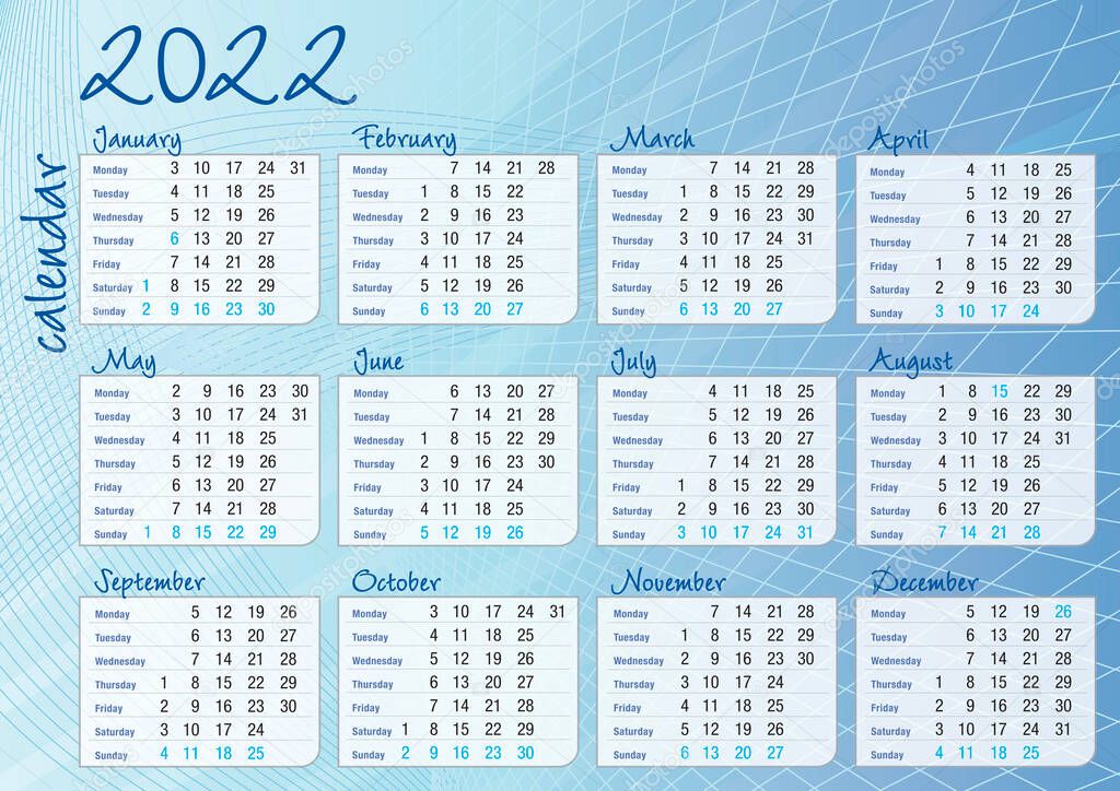 2022 calendario blue lines and gradient calendar, english version