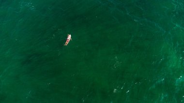 Aerial view of surfers waiting for a wave in the ocean, active recreation, tropical coast.