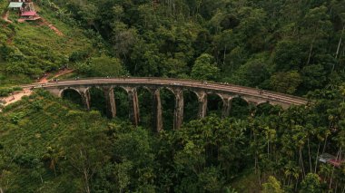 9 Arch Railway Bridge, Ella in Sri Lanka, a historic building set against a green tropical jungle background.