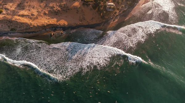 Beautiful view of the sea and the ocean with surfers waiting for the waves.
