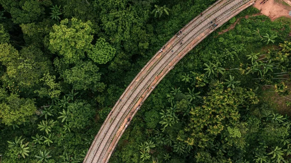 9 Arch Railway Bridge, Ella in Sri Lanka, a historic building set against a green tropical jungle background.