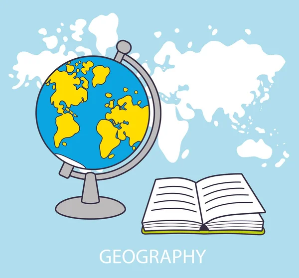 Globe Dan Buku Terbuka Depan Peta Dunia Latar Belakang Geografi - Stok Vektor