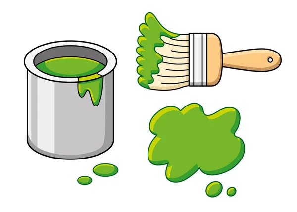 Πράσινο Πινέλο Χρώμα Εγκεφαλικό Επεισόδιο Splash Blot Και Κουβά Μπορεί — Διανυσματικό Αρχείο