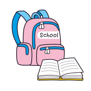 Pembe okul çantası ve açık kitap izole.