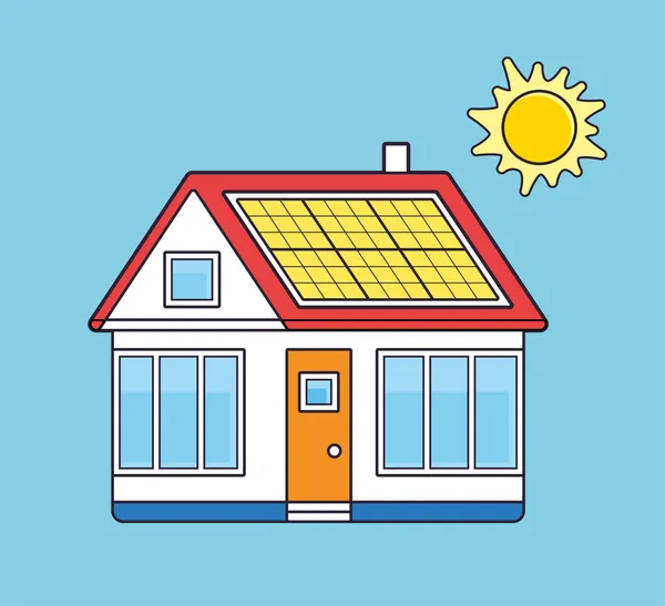 Casa Eco Com Painel Solar Telhado Sol — Vetor de Stock