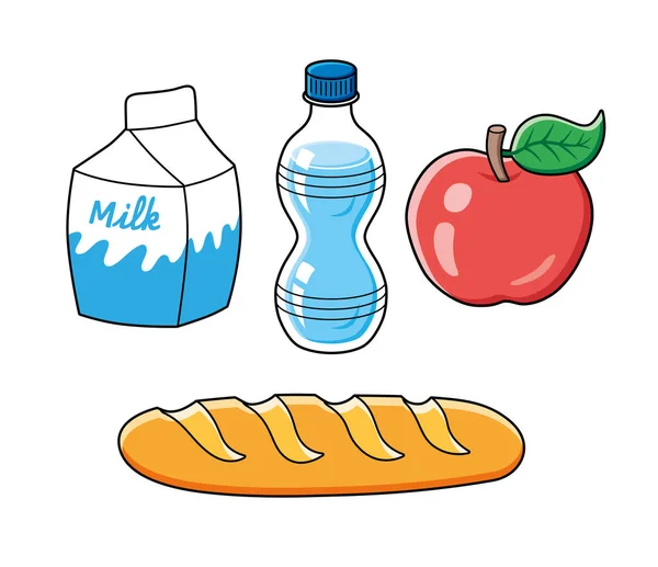 Milchkarton Wasserflasche Rote Apfelfrüchte Baguettebrot Lebensmittel Ikonen Isoliert — Stockvektor