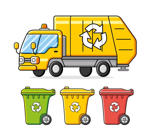 垃圾车和循环利用不同颜色的垃圾箱 病媒隔离 废物管理 分离或分拣 — 图库矢量图片
