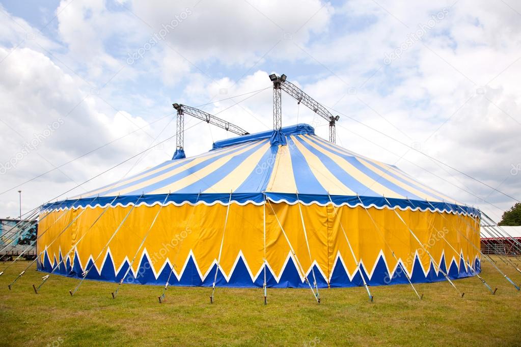 circus tent in yellow and blue