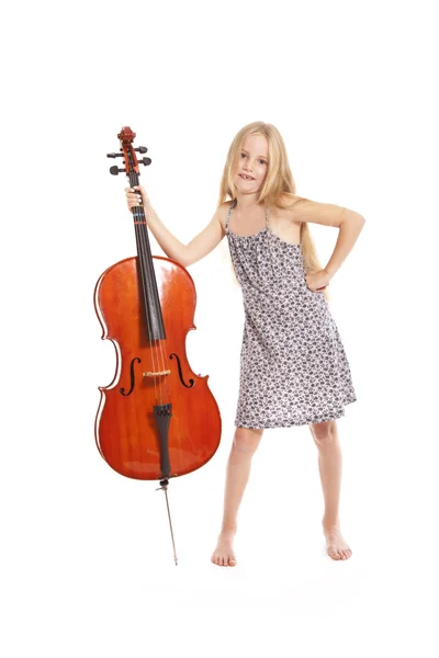 Young girl in dress and her cello — Stock Photo, Image