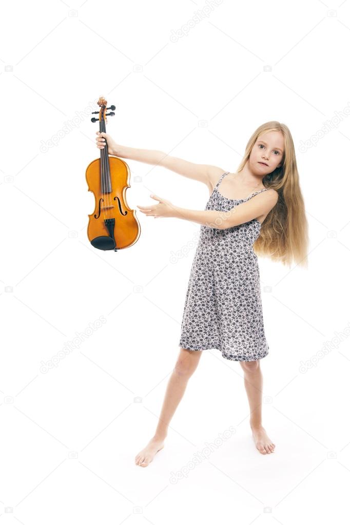 young girl in dress showing her violin