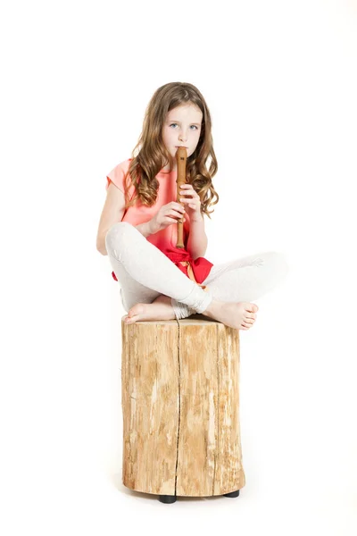 Young girl with soprano recorder — Stock Photo, Image