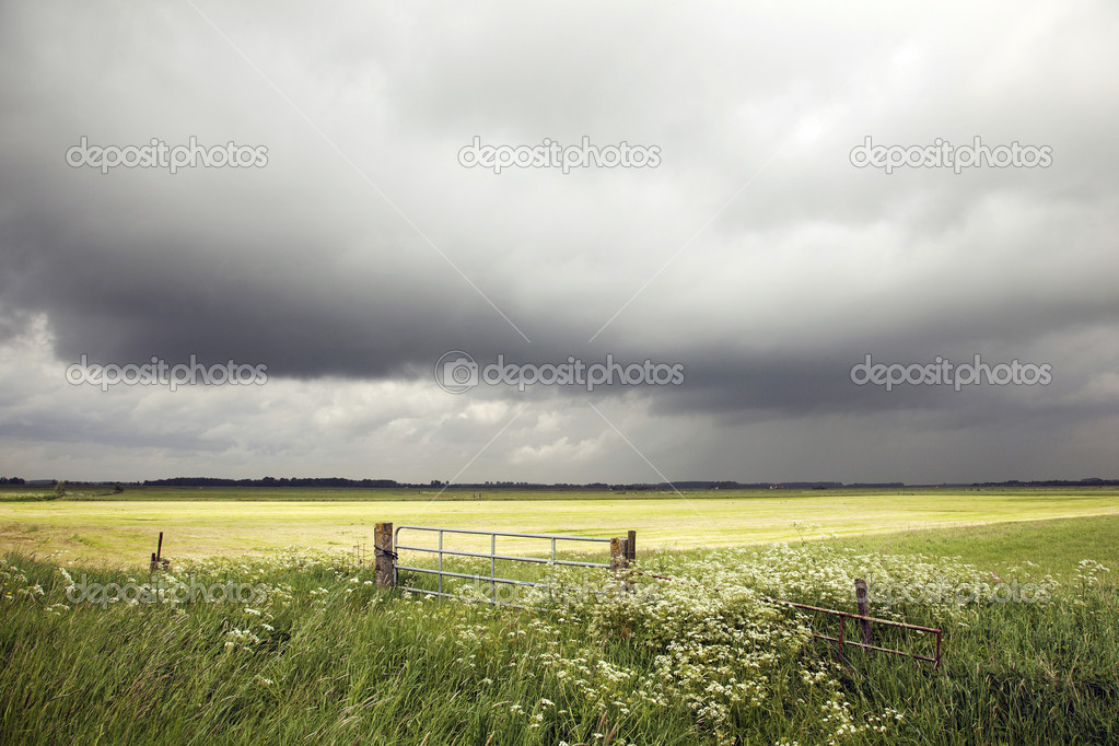 landscape in holland with rain clouds an traffic sign