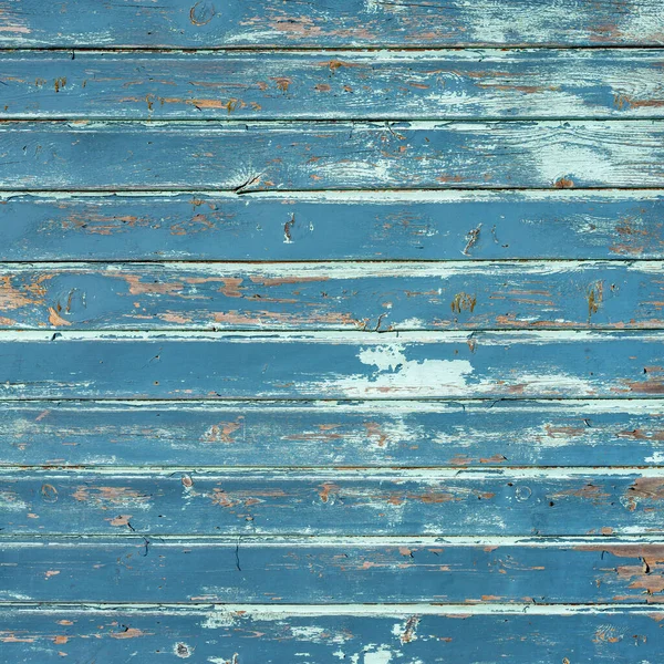 Square Background Consisting Wheathered Old Grungy Blue Horizontal Planks Peeling — Stock Photo, Image