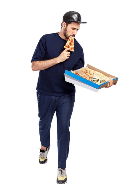 Uomo Con Una Scatola Pizza Mano Mangia Pezzo Tizio Col — Foto Stock