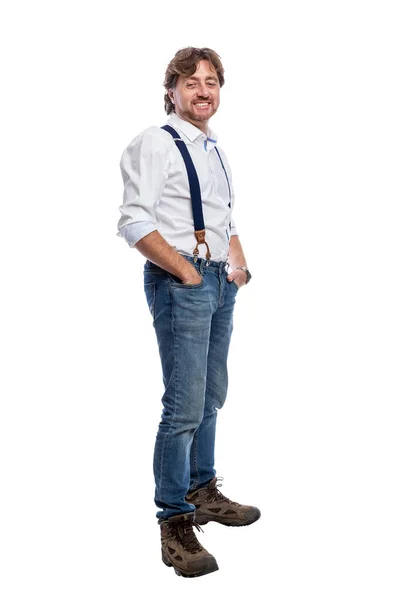 Ein Lachender Mann Jeans Und Weißem Hemd Steht Positiv Und — Stockfoto