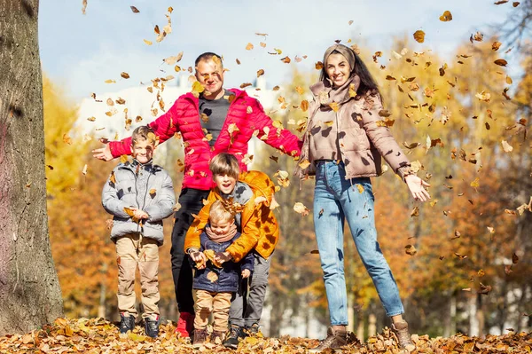 Happy Young Family Three Children Autumn Park Love Tenderness Walk — Stock Photo, Image