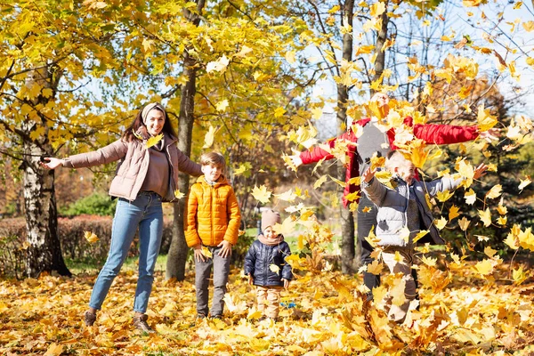 Happy Young Family Three Children Autumn Park Love Tenderness Walk — Stock Photo, Image