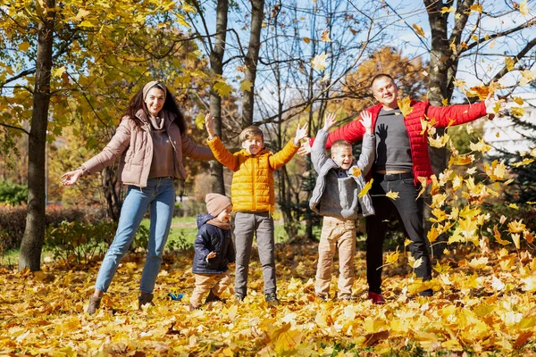 Happy Young Family Three Children Autumn Park Love Tenderness Walk — Stock Photo, Image