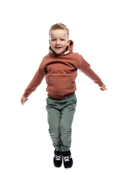 Niño Está Saltando Emocionalmente Libertad Alegría Positividad Aislado Sobre Fondo —  Fotos de Stock