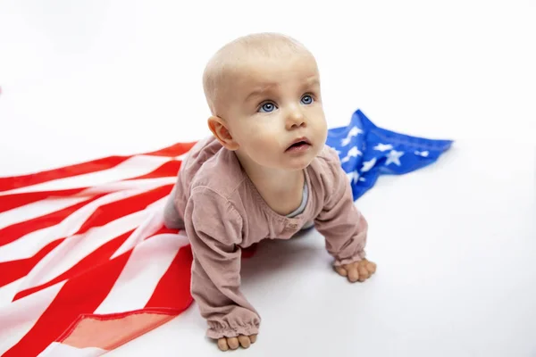 Amerikai Zászlós Gyerek Generációk Jövője Fehér Háttér Szöveg Helye — Stock Fotó