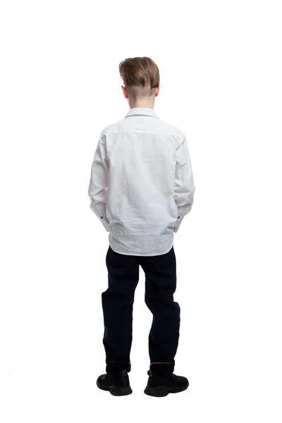 Okul Çağında Bir Çocuk Ayakta Duruyor Gömlekli Pantolonlu Adam Tam — Stok fotoğraf