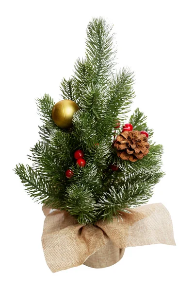 Small Christmas Tree Burlap Toys Traditional Winter Holidays Isolated White — Stock Photo, Image