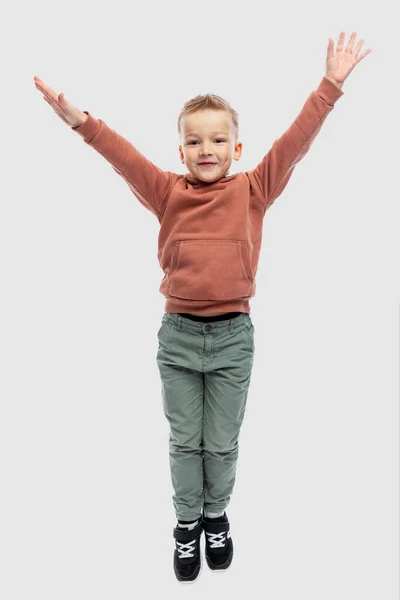 Joyful Boy His Hands Guy Jeans Brown Sweater Positiveness Happiness — Fotografia de Stock