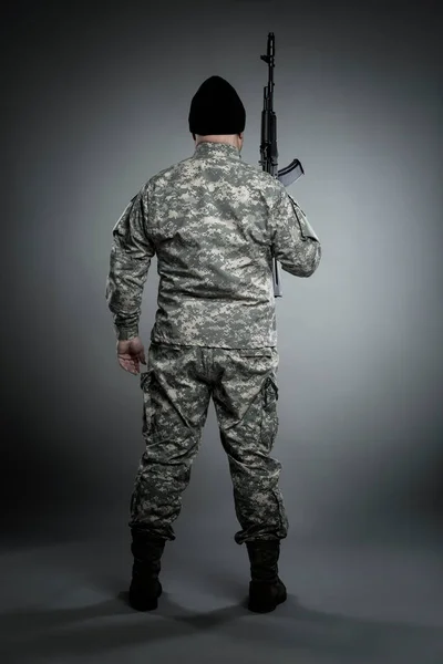 Man American Camouflage Uniform Black Sniper Cap Raised Submachine Gun — стокове фото