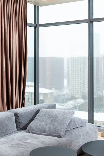 Interior Stylish Living Room Panoramic Windows City High Rise Building Fotografias De Stock Royalty-Free