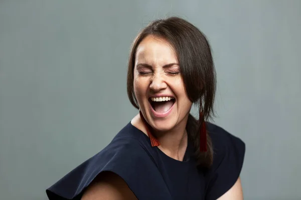 Woman Laughing Emotionally Open Mouth Beautiful Brunette Blue Dress Elegant —  Fotos de Stock