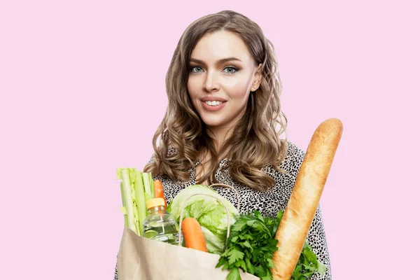 Young Woman Paper Bag Groceries Beautiful Smiling Blonde Healthy Food — Stock Photo, Image