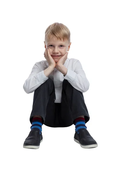 Der Student Sitzt Auf Dem Boden Ein Typ Dunkler Hose — Stockfoto