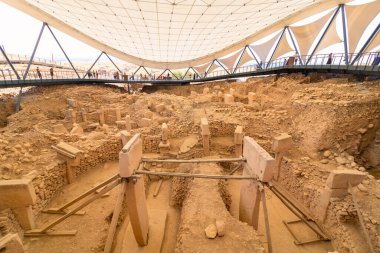 Şanlıurfa Türkiye - 8.16.2021: Göbeklitepe arkeolojik alanı Sanliurfa 'da. Göbeklitepe 'nin kazı alanı. Tarihin başlangıç noktası. Göbeklitepe 'deki tapınak kalıntıları.