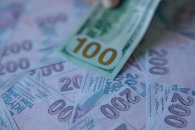 Türkiye 'de ekonomik kriz. Arkaplanda 100 dolar ve Türk lirası var. Seçici odak.