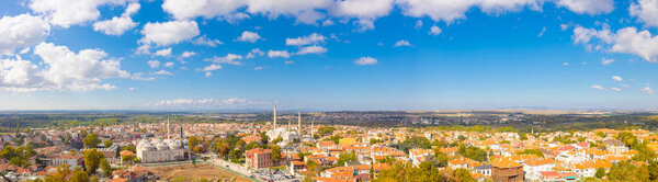 Edirne panorama. Panoramic view of cityscape of Edirne from minaret of Selimiye Mosque. Travel to Turkey background photo.