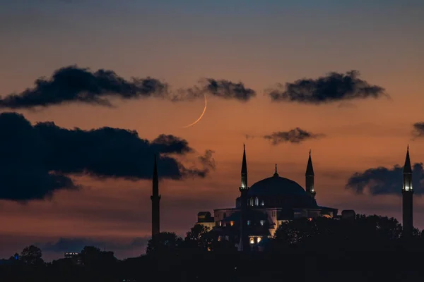Photo Fond Ramadan Hagia Sophia Ayasofya Avec Croissant Lune Coucher — Photo