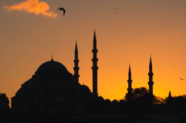 Cami arka planı. Gün batımında martılı caminin silueti. Ramazan veya kandil veya iftar veya laylat al-Qadr veya İslami arkaplan fotoğrafı.