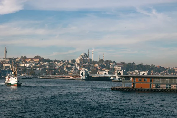 Istanbul background. Suleymaniye Mosque and ferry near the Karakoy Pier in the morning. Istanbul Turkey - 11.13.2021