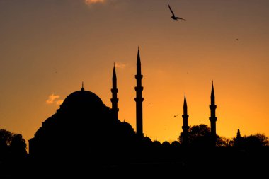 Günbatımında cami. İstanbul 'daki Süleyman Camii' nin silueti. Cuma namazı veya ramazan veya kandil veya İslami arkaplan fotoğrafı.